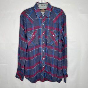 Great Land Shirt M Gray Plaid Flannel Western Pearl Snap Rockabilly Rodeo